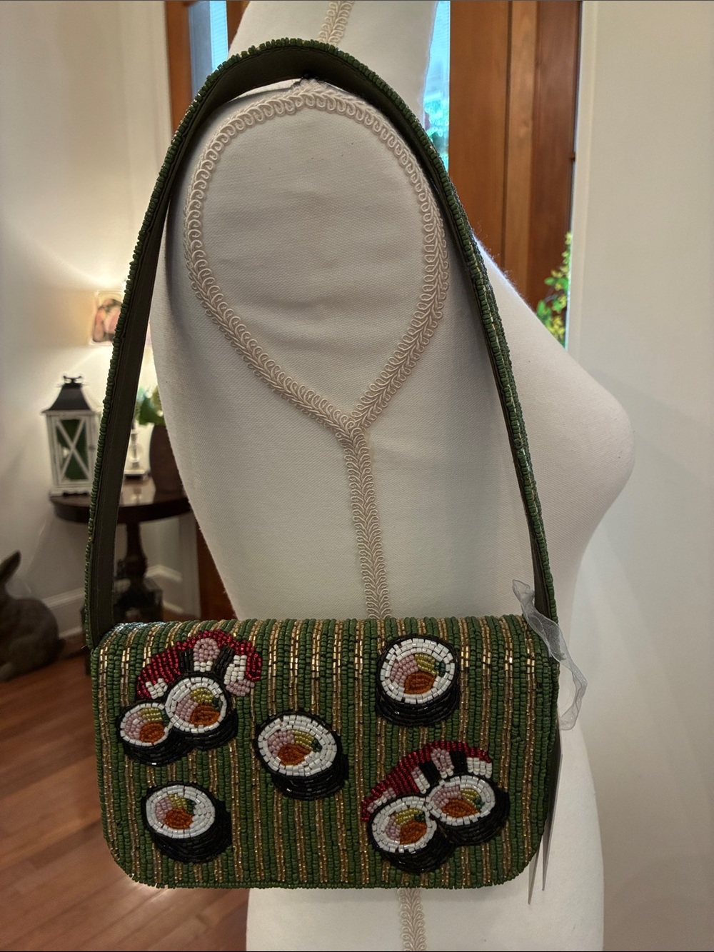 Made in India Beaded Shoulder Bag with Sushi 🍱 Motif. Gold Accents